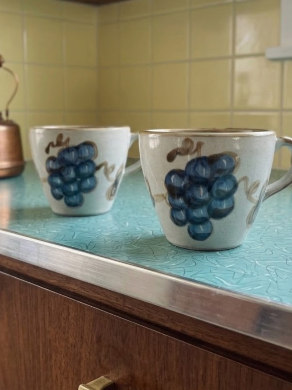John B Taylor Ceramics Vintage Olive Green Stoneware Grapes Tea Mugs - Pair